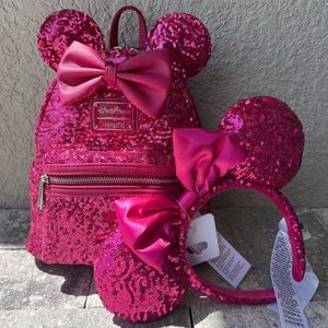 Disney Parks Loungefly Sequins Hot Pink Orchid Minnie Mouse Backpack and Ears